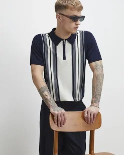 Navy Slim Fit Stripe Colour Block Polo Shirt