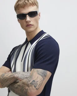 Navy Slim Fit Stripe Colour Block Polo Shirt