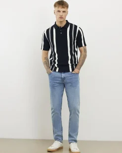 Navy Slim Fit Stripe Texture Polo Shirt