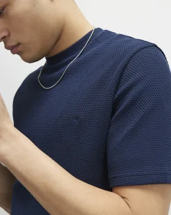 Navy Slim Fit Textured Cotton T-Shirt