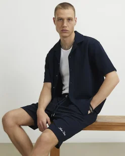 Navy Slim Fit Textured Shorts