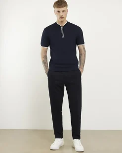 Navy Slim Fit Textured Tipped Baseball Top