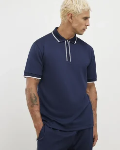 Navy Slim Fit Textured Zip Tipped Polo Shirt