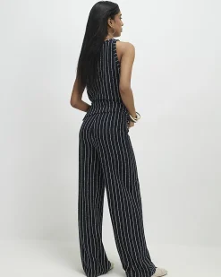 Navy Stretch Jersey Stripe Wide Leg Trousers