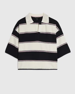 Navy Striped Knitted Polo Shirt