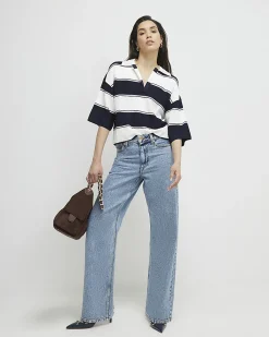 Navy Striped Knitted Polo Shirt