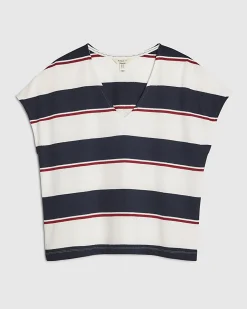 Navy Striped Textured V Neck T-shirt