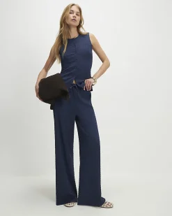 Navy Textured Drawstring Wide Leg Trousers