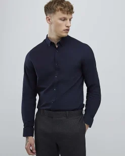 Navy Textured Muscle Fit Long Sleeve Shirt