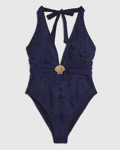 Navy Textured Shell Trim Halter Neck Swimsuit