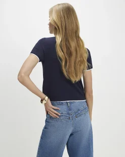 Navy Tie Neck Knitted Top