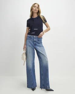 Navy Tie Neck Knitted Top