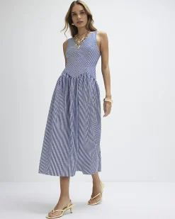 Navy V Neck Stripe Midi Dress