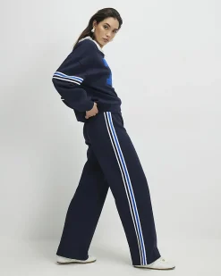 Navy Wide Leg Side Stripe Drawstring Joggers