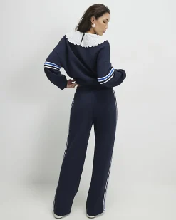 Navy Wide Leg Side Stripe Drawstring Joggers