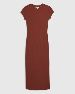 Orange Cap Sleeve Rib Midi T-Shirt Dress