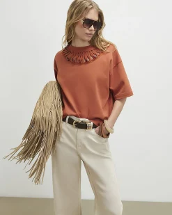 Orange Cotton Beaded Cut Out T-shirt