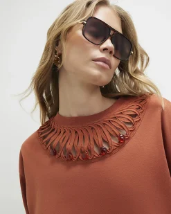 Orange Cotton Beaded Cut Out T-shirt