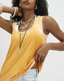 Orange Cotton Blend Burnout Tank Top