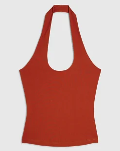 Orange Cotton Blend Halter Neck Tank Top