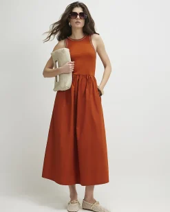 Orange Cotton Blend Whipstitch Maxi Dress