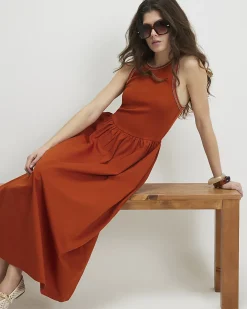 Orange Cotton Blend Whipstitch Maxi Dress