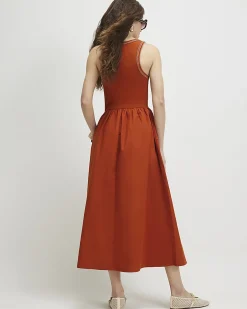 Orange Cotton Blend Whipstitch Maxi Dress