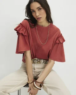 Orange Cotton Chevron Ruffle Sleeve T-Shirt