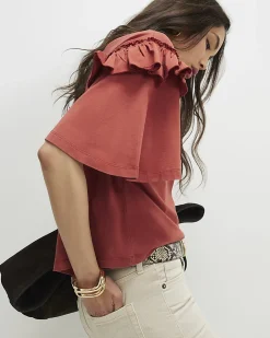 Orange Cotton Chevron Ruffle Sleeve T-Shirt