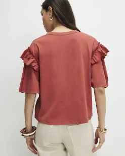 Orange Cotton Chevron Ruffle Sleeve T-Shirt