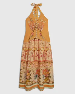 Orange Cotton Floral Print Peplum Maxi Dress