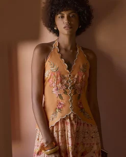 Orange Cotton Floral Print Peplum Maxi Dress