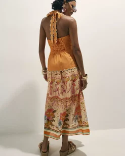 Orange Cotton Floral Print Peplum Maxi Dress