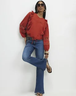 Orange Cotton Long Sleeve Ruffle Blouse