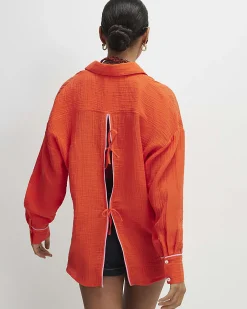 Orange Cotton Tie Back Beach Shirt