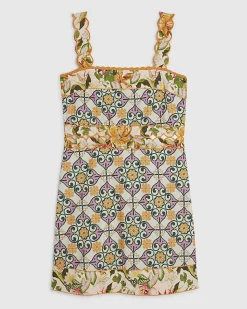 Orange Cotton Tile Print Cutwork Mini Dress