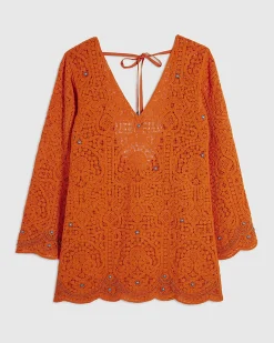 Orange Crochet Embellished Mini Beach Tunic