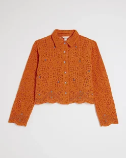 Orange Crochet Long Sleeve Embellished Shirt