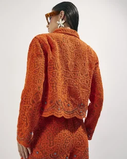 Orange Crochet Long Sleeve Embellished Shirt