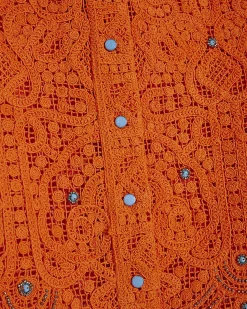 Orange Crochet Long Sleeve Embellished Shirt