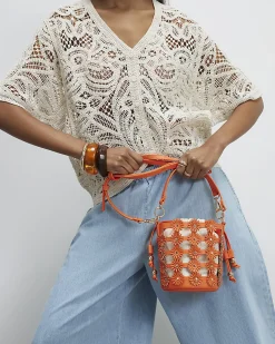Orange 3D Floral Cut Out Bucket Bag