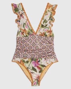 Orange Floral Frill Trim Swimsuit