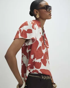 Orange Floral Print Blouse