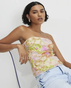 Orange Floral Sequin Bandeau Top