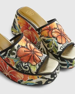 Orange Flower Print Mule Wedges
