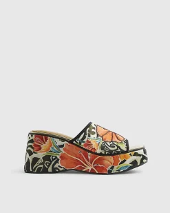 Orange Flower Print Mule Wedges
