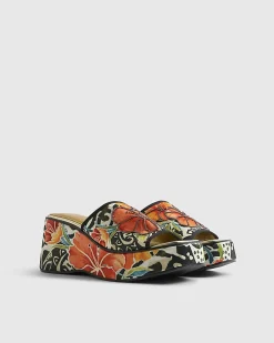 Orange Flower Print Mule Wedges