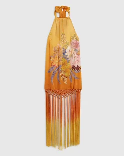 Orange Fringed Halter Neck Maxi Dress