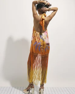 Orange Fringed Halter Neck Maxi Dress