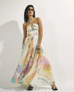 Orange Halter Neck Pleated Maxi Dress